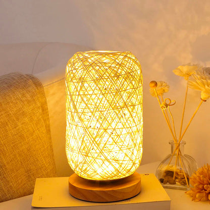 Rattan- und Holz-Nachttischlampe